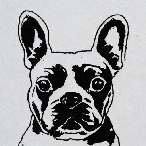 french bulldog head, ink on paper, outlined