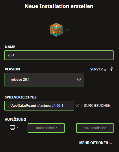 Launcher: Neue Installation